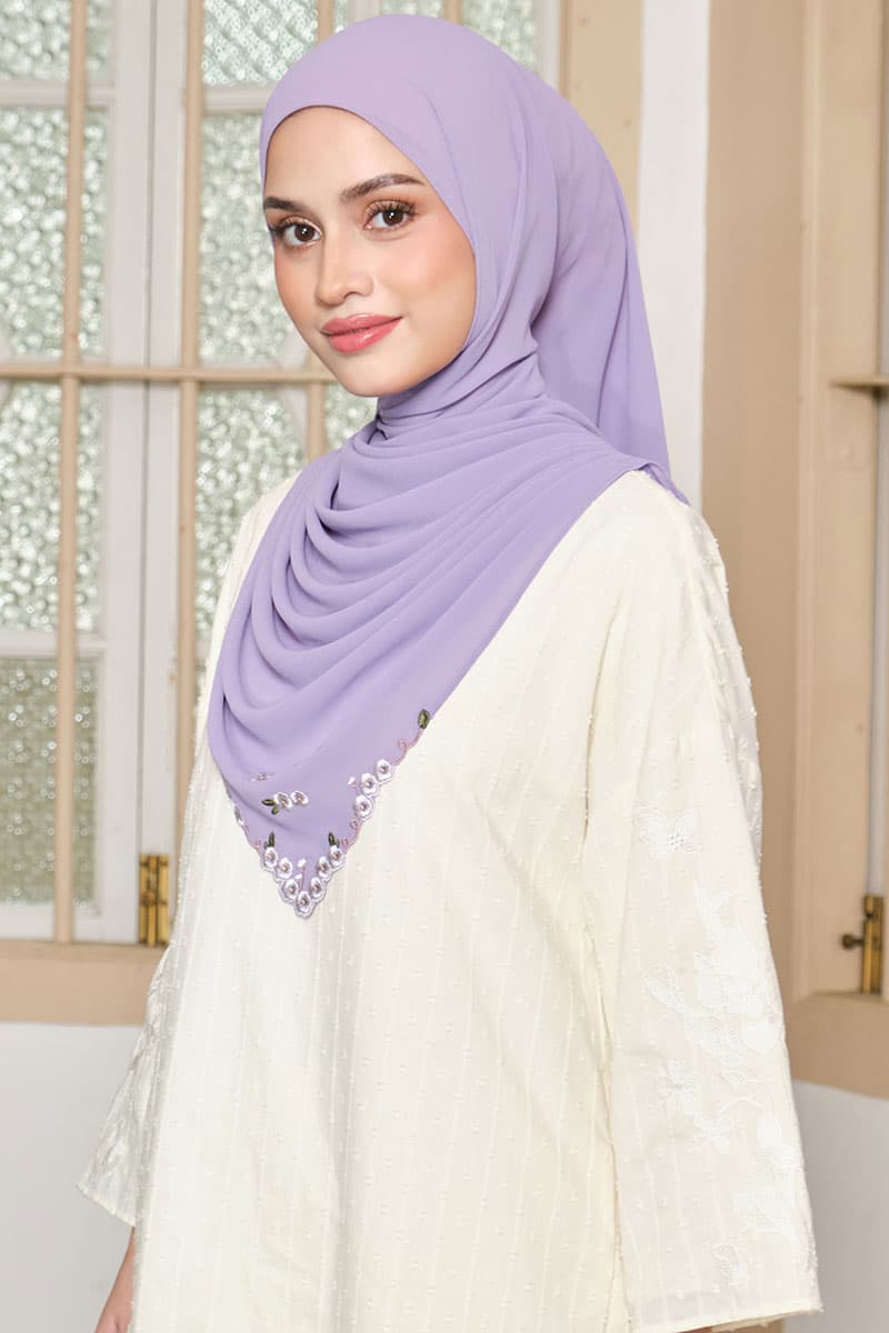 Thalya Embroidered Chiffon Headscarf - Dusty Lavender - Image 2