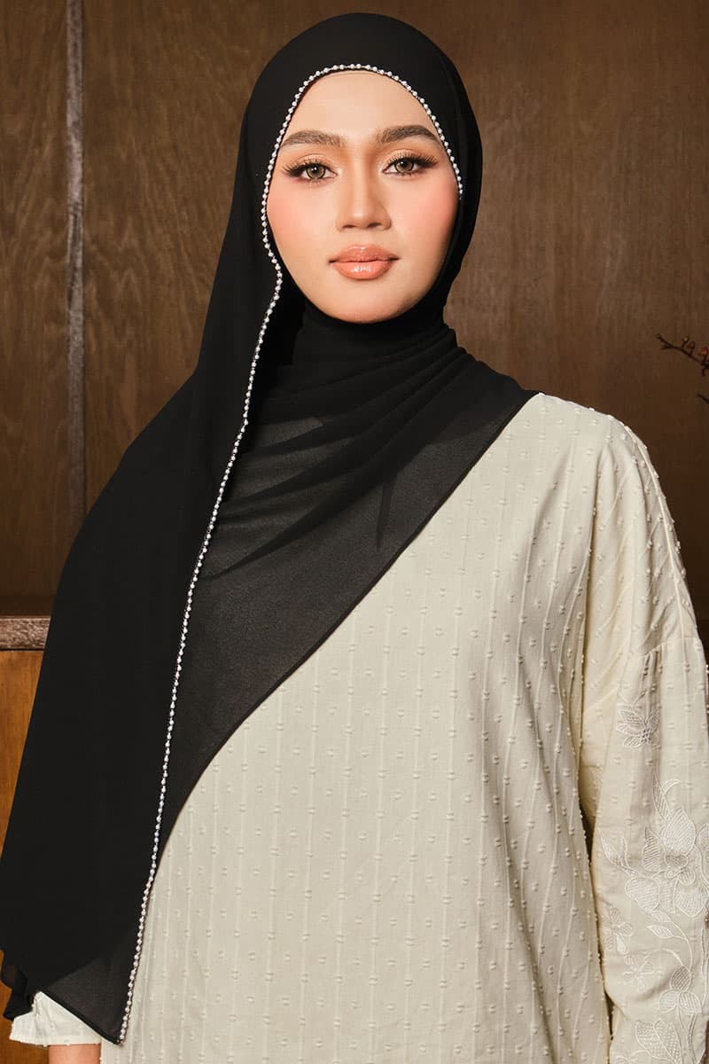 Runeeta Beaded Chiffon Headscarf - Black - Image 1