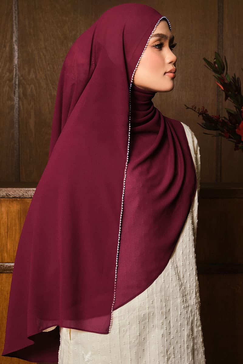 Runeeta Beaded Chiffon Headscarf - Maroon - Image 2