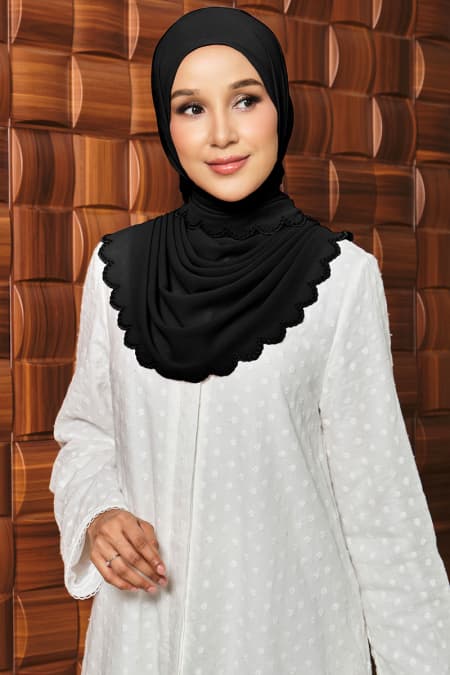 Danira Embroidered Scallop Headscarf - Black