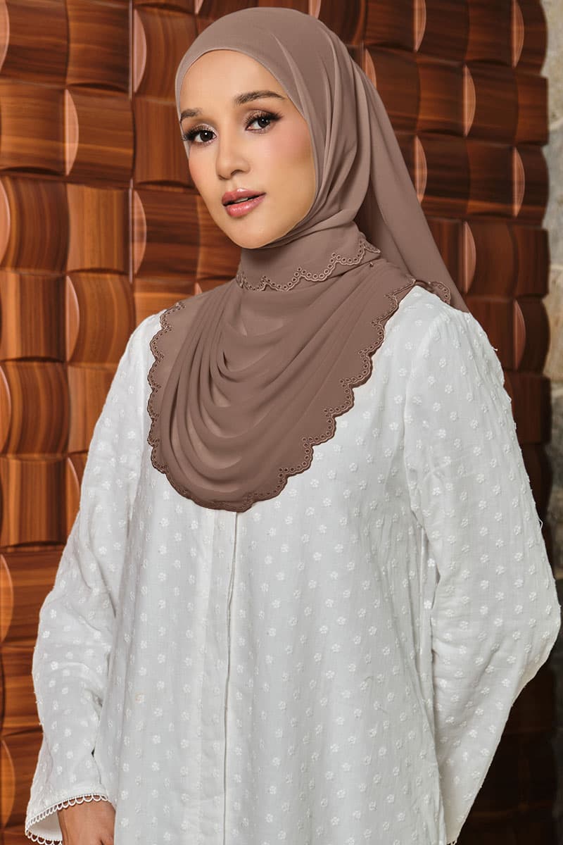 Danira Embroidered Scallop Headscarf - Deep Taupe - Image 2