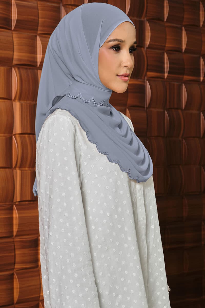 Danira Embroidered Scallop Headscarf - Blue Fog - Image 2