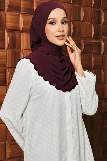 Danira Embroidered Scallop Headscarf - Deep Rosewood