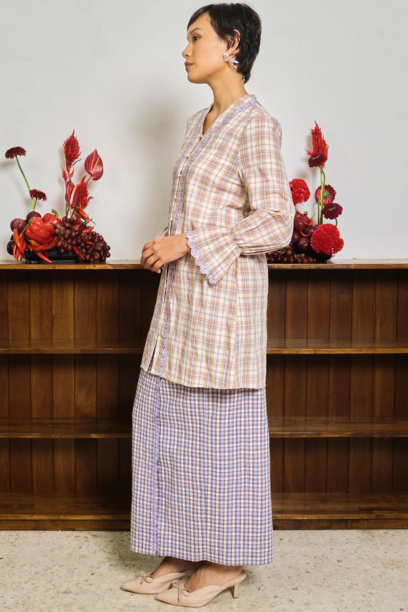 COTTON Gendhis Blouse & Skirt - Coffee/Purple Plaid - Image 3