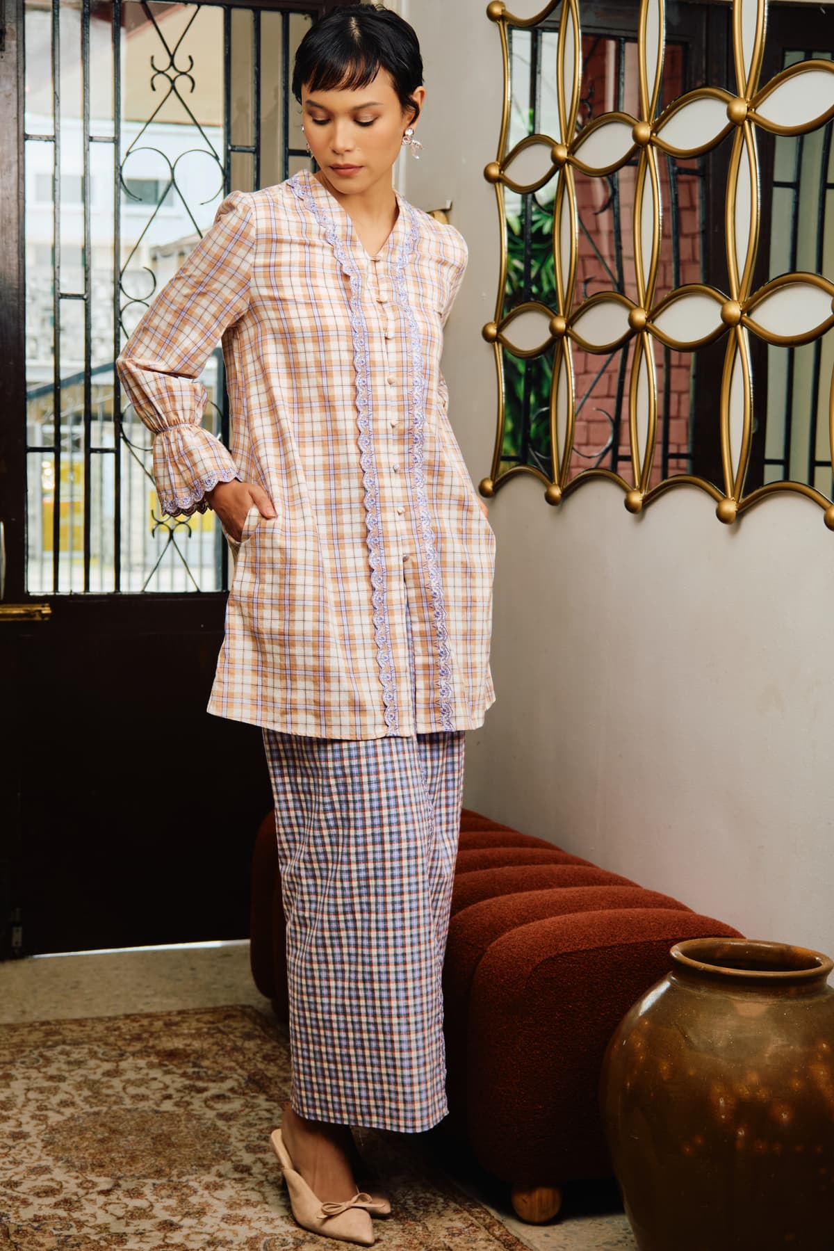 COTTON Gendhis Blouse & Skirt - Coffee/Purple Plaid - Image 8