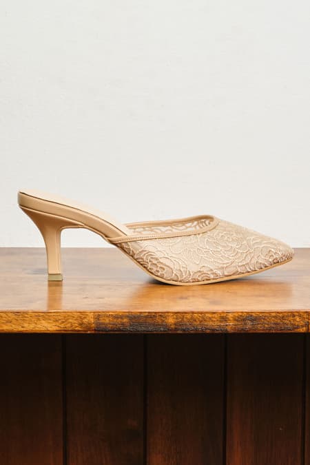 PRE-ORDER Maheen Embroidered Mule Heels - Nude Floral