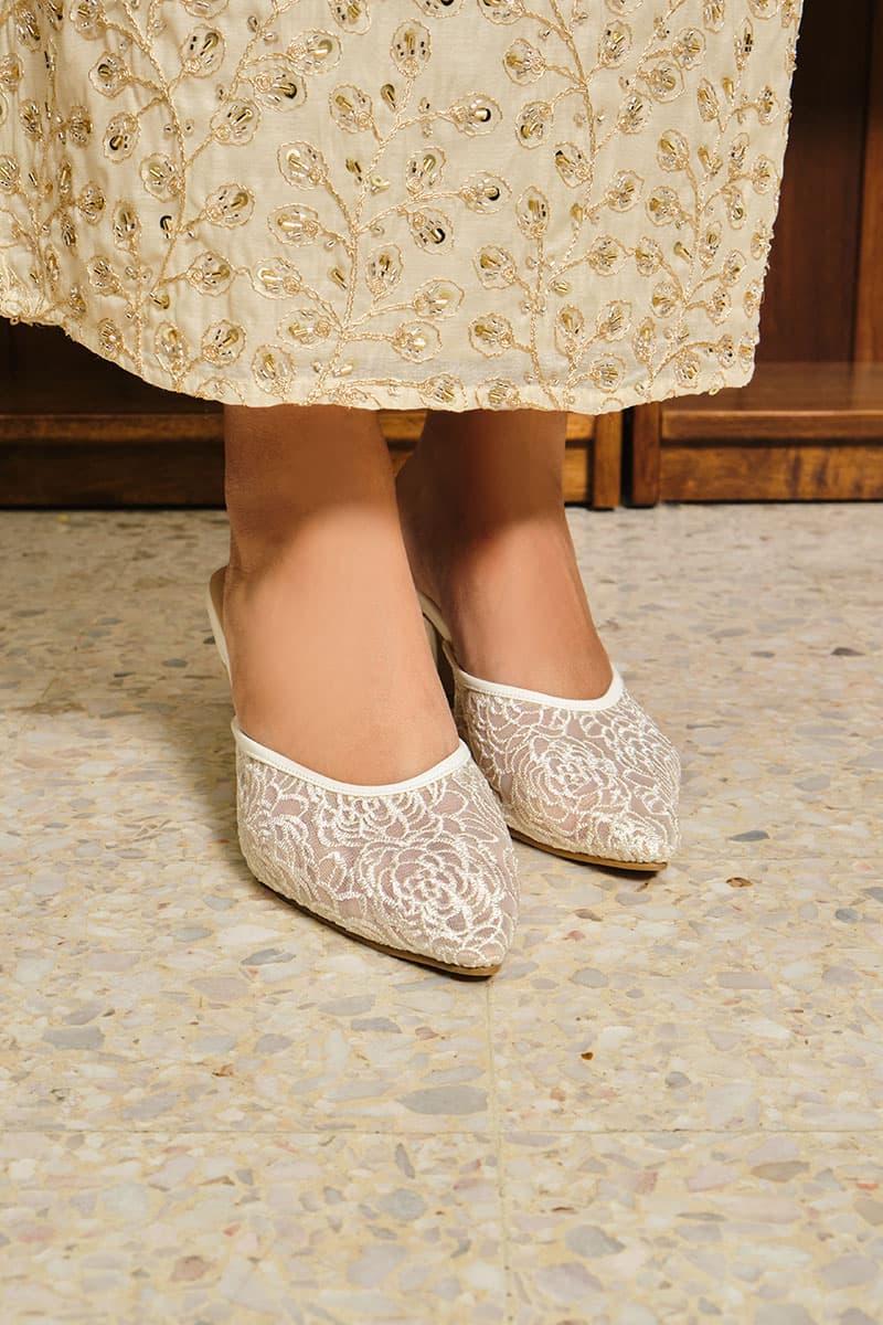 PRE-ORDER Maheen Embroidered Mule Heels - Cream Floral - Image 3