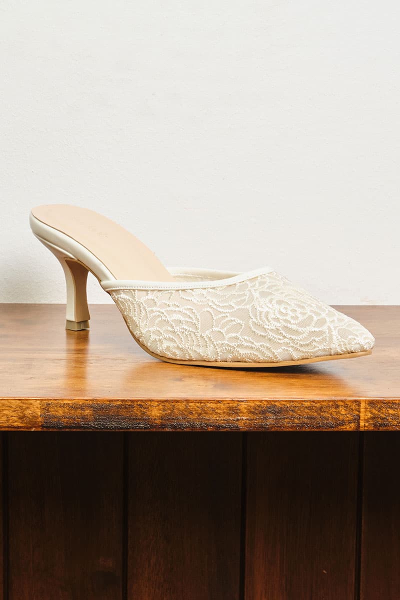 PRE-ORDER Maheen Embroidered Mule Heels - Cream Floral - Image 5