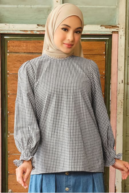 Lake Smock Sleeve Blouse - Beige/Black Check