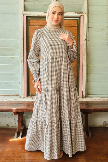 Baker Gathered Tier Dress - Beige/Black Check