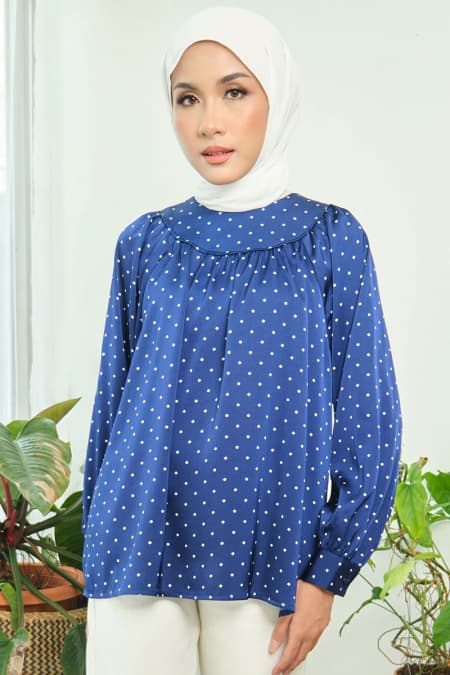 Bradley Flared Blouse - Navy Polka