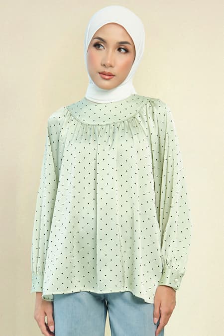 Bradley Flared Blouse - Mint Polka